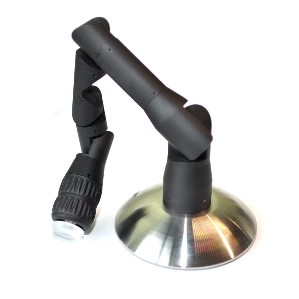 Ixys Pendant Arm – ergonomic USB HID joystick with vibration feedback, illuminated button, and VJU Studio compatibility.