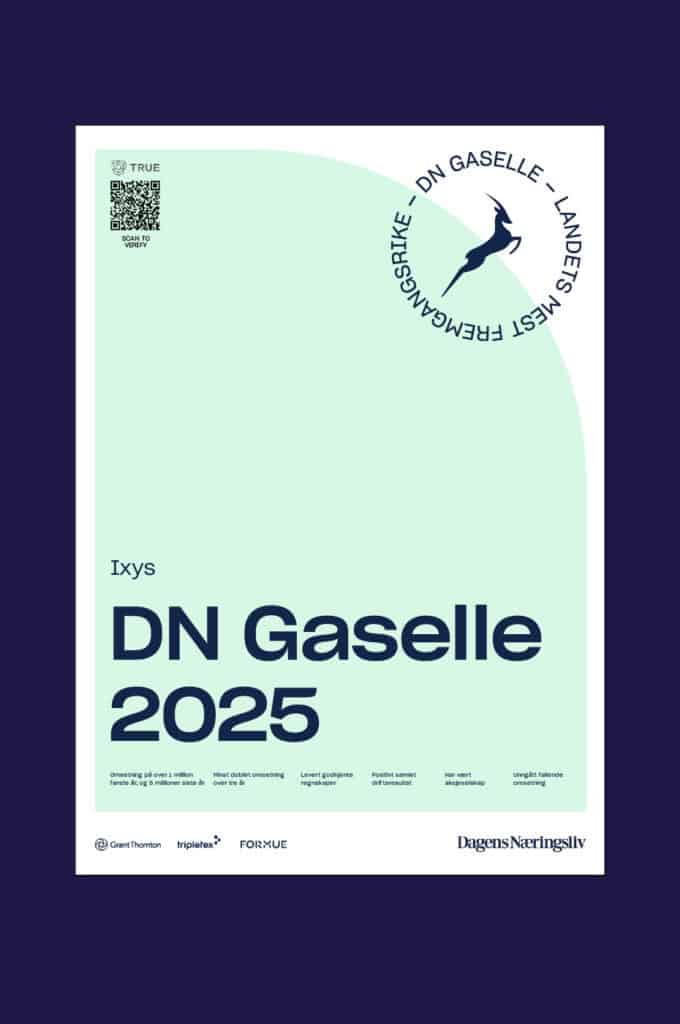 Recognizing Norway´s strongest companies The Gaselle Award is given to businesses that demonstrate steady growth over several years and maintain positive operating results. Only a small number of Norwegian companies achieve this distinction, and even fewer manage to retain the title year after year. A culture built on innovation and collaboration Receiving the award for the eighth consecutive year confirms Ixys’ stable growth and strong culture of quality, innovation, and collaboration. “Being named a Gaselle company once is a mark of quality, but earning the title eight years in a row demonstrates a unique ability to grow, develop, and consistently deliver both quality and profitability. For us at Ixys, growth is about more than numbers. The Gaselle status is the result of teamwork, innovation, and trust from customers, partners, and colleagues working together to develop solutions that set new standards in real-time remote control technology,” says Vidar Haus, CEO of Ixys. Continuing the journey of innovation Ixys continues to grow with new exciting projects and looks forward to continuing its journey as a world-class Norwegian Gaselle company. Criteria for Gaselle companies To qualify as a Gaselle company, a business must: • Submit approved financial statements • At least doubled turnover over three years. • Turnover of over one million kroner in the first year. • Minimum five million NOK in revenue in the fourth year • Maintain a positive total operating result • Avoid declining turnover • Be a limited liability company Read more about Gaselle companies here: https://www.dn.no/gaselle/