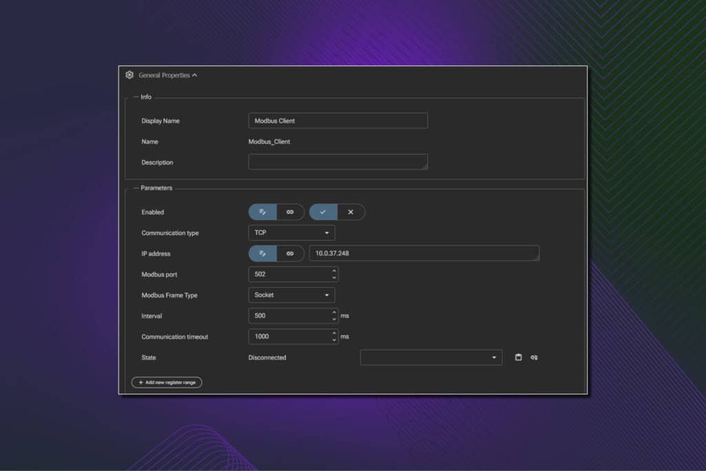 VJU Studio includes a Modbus client node